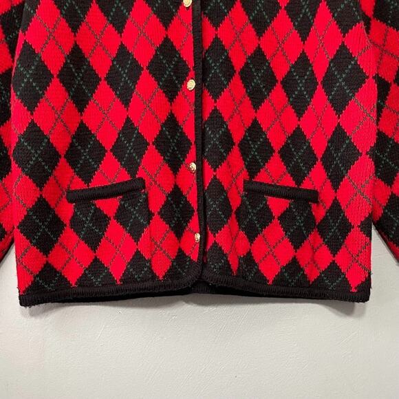 Vintage Boxy Red Argyle Plaid Sweater Size L Cardigan Gold Buttons Twee Academia - Picture 4 of 9